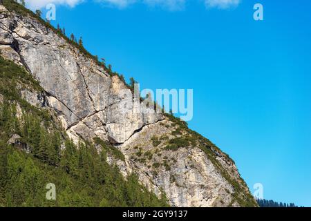 Felswand und Kiefernwald der Dolomiten vor dem Pragser Wildsee oder Pragser Pragser See, Italienische Alpen, Trentino-Südtirol, Italien, Europa. Stockfoto