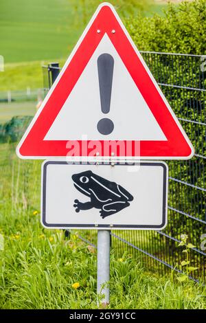 Frosch-Warnschild mit schwarzem Frosch-Symbol auf weißem Hintergrund in rotem Dreieck. Stockfoto