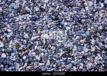 Hintergrund von kleinen Meereskieseln, Draufsicht. Die Textur von Meeressteinen. Steine auf dem Meer. Natürliche Materialien und Farben von Meeressteinen. Violett-blau. Stockfoto