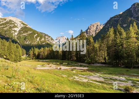 Das Landro-Tal (Val di Landro), die Gipfel der Sextner, Prags und Ampezzo-Dolomiten. Monte Piana oder Monte Piano, Cadini di Misurina und Monte Cristallo, Italien. Stockfoto