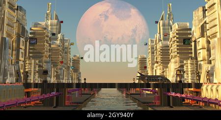 Eine Stadt, die auf einem der Mars-Monde Deimos gepflanzt ist der Ort, an dem Expeditionen bereit sind, den Planeten zu erkunden. Stockfoto