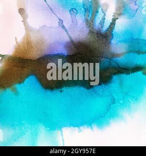 Abstrakte, handbemalte blaue und braune Aquarellpunkte auf weißem Papier Stockfoto