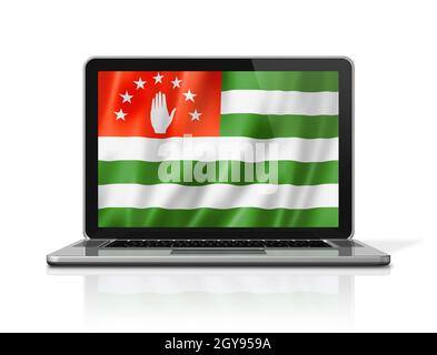 Abchasische Flagge auf Laptop-Bildschirm isoliert auf weiß. Rendering von 3D-Illustrationen. Stockfoto