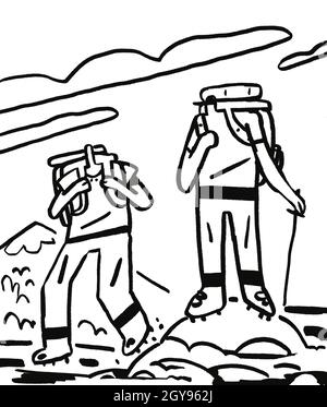 Wandern Zeichnung Cartoon Skizze schwarze Linie Skizze. Lustige und humorvolle Illustration minimal zwei Personen Charakter. Stockfoto