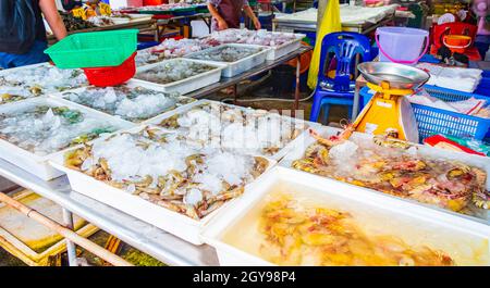 Muscheln Garnelen und andere ekelhafte Meeresfrüchte Thailändische Küche auf dem Bangrak Markt auf Koh Samui in Thailand. Stockfoto