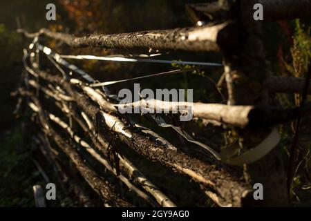 Hecke von Ästen. Hausgemachter Zaun im Garten. Details der ländlichen Architektur. Geflochtene Stäbe. Stockfoto