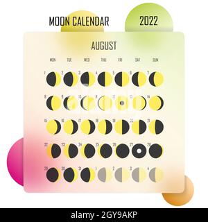August 2022 Mondkalender. Astrologisches Kalenderdesign. planer. Platz für Aufkleber. Modell des Monatszyklus-Planers. Isolierte bunte Glasmorphismus Stock Vektor