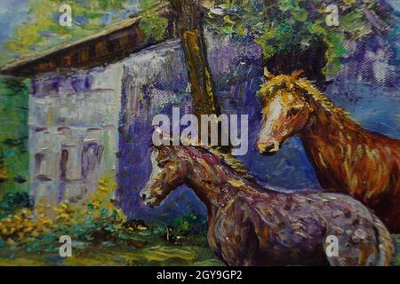 Handgemalte Original-Meisterwerke des Impressionismus Maler Kunst Ölmalerei Pferd und Pony im Zoo Stockfoto