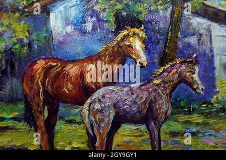 Handgemalte Original-Meisterwerke des Impressionismus Maler Kunst Ölmalerei Pferd und Pony im Zoo Stockfoto