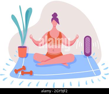 Frau, die zu Hause Yoga macht, ruhige Meditation. Vektor-Illustration von Yoga-Meditation, Frau Bewegung Lifestyle für Ruhe und Entspannung zu Hause zu halten Stock Vektor