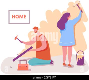 Ehepaar, Mann und Frau, die in einer Wohnung renoviert wurden. Vektor-Reparatur Wand Innenraum, Wohnung Malerei Renovierung, Paar Innenarbeit zusammen Illustration Stock Vektor