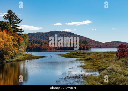 Ein Blick auf einen Mann, der im Herbst auf dem Lewey Lake in den Adirondack Mountains, NY, USA, mit Herbstfarben paddelt Stockfoto