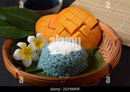 Mango und klebriger Reis, süßes thailändisches Dessert, gefärbt mit Schmetterlingsblüten auf dunklem Hintergrund Stockfoto