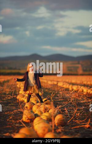 Fröhliches Mädchen in dunkelblauem Mantel und orangefarbenem Rock steht auf Kürbissen auf dem Feld bei Sonnenuntergang. Halloween. Schöne Landschaft in Ungarn Stockfoto