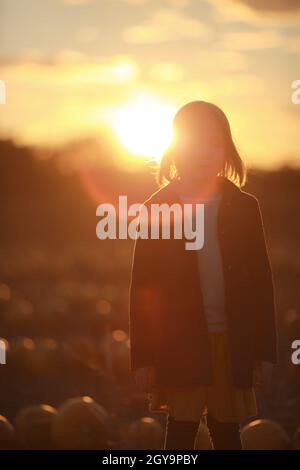 Kind, Mädchen, stehend im Kürbisfeld bei Sonnenuntergang. Bild mit Bokeh-Lichtern. Freiheit und Glück Konzept. Nicht fokussiert Stockfoto