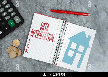 Konzeptionelle Bildunterschrift Datenoptimierung, Geschäftsüberblick Prozess, der das logische Schema aus der Datenansicht erstellt, um Geld für EIN brandneues Haus, ab, zu sparen Stockfoto