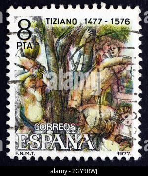 SPANIEN - UM 1978: Eine in Spanien gedruckte Briefmarke zeigt Urteil von Paris, Gemälde von Tizian, um 1978 Stockfoto