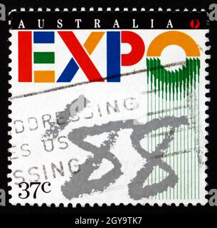 AUSTRALIEN - UM 1988: Eine in Australien gedruckte Briefmarke zeigt die EXPO ’88, Brisbane, um 1988 Stockfoto