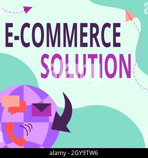 Sign Anzeige E-Commerce-Lösung, Business Idea Software von Unternehmen im Verkauf von Produkten verwendet online Internet Network Drawing mit bunten Messagi Stockfoto
