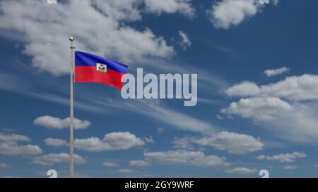 3D, haitianische Flagge winkt am Wind mit blauem Himmel und Wolken. Nahaufnahme des Haiti-Banners, weiche und glatte Seide. Stoff Stoff Textur Fähnrich hinten Stockfoto