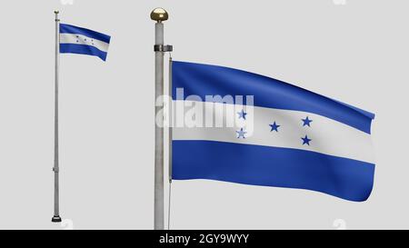 3D, honduranische Flagge winkt beim Wind. Nahaufnahme von Honduras Banner weht, weiche und glatte Seide. Stoff Stoff Textur Fähnrich Hintergrund. Verwenden Sie es für Nation Stockfoto