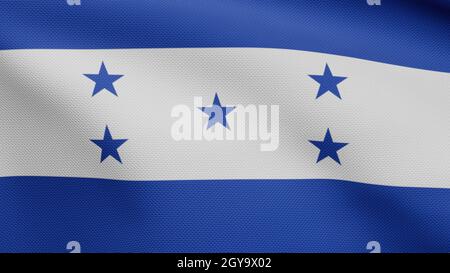 3D, honduranische Flagge winkt beim Wind. Nahaufnahme von Honduras Banner weht, weiche und glatte Seide. Stoff Stoff Textur Fähnrich Hintergrund. Stockfoto