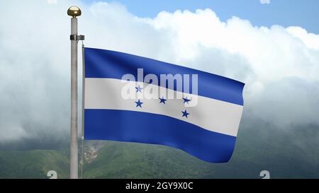 3D, honduranische Flagge winkt beim Wind am Berg. Honduras Banner weht, weiche und glatte Seide. Stoff Stoff Textur Fähnrich Hintergrund. Verwenden Sie es für Nation Stockfoto