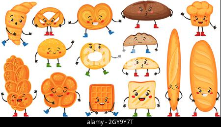 Niedliche Cartoon-Brot-Charaktere mit glücklichen Gesichtern. Lustige Croissants, Muffins, Baguette, Brezel und Toast. Bäckerei Maskottchen Charakter Vektor-Set. Frischer Snack zum Frühstück mit fröhlichem Ausdruck Stock Vektor