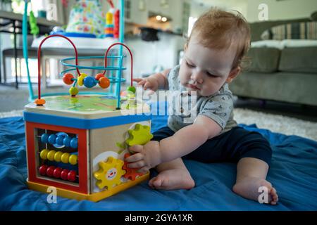 Kleiner Junge, der auf dem Boden sitzt und lernt, während er mit einem Spielzeug spielt. Stockfoto