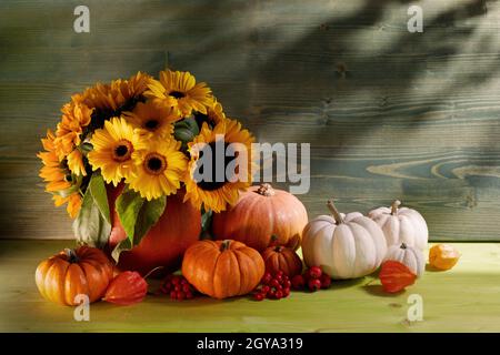 Helle Herbstblumen Komposition in einer Kürbisvase Stockfoto