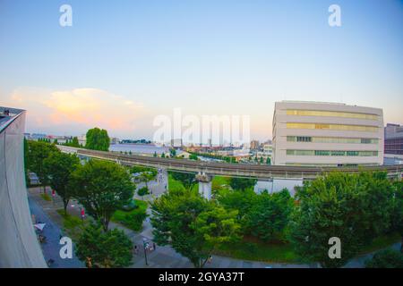 Die Monorail der Stadt Tama, die die Stadt Tachikawa führt. Drehort: Tokyo Tachikawa Stockfoto