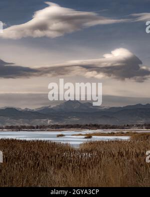 An einem kalten Wintertag erhebt sich ein Berg (Longs Peak) über einem gefrorenen See. Einzigartige Wolken hängen über den Bergen, während Schilf den See umschlang. Stockfoto