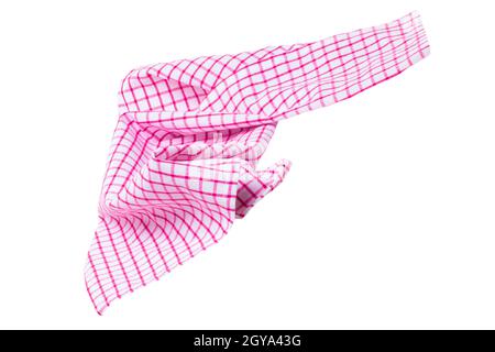 Nahaufnahme einer rosa und weiß karierten Serviette oder Tischdecke Textur isoliert auf weißem Hintergrund. Küchenzubehör. Stockfoto