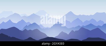 Bergkämme und Hügel Silhouette Landschaft Hintergrund. Abstraktes Bergpanorama am Morgen, wunderschöne Vektorgrafik der Naturszene. Spitzen in Nebel oder blauem Nebel und kaltem Sonnenlicht Stock Vektor