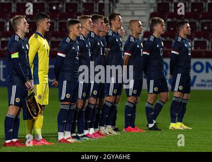 Schottland stellt sich vor dem UEFA U-21 Championship Qualifying Round Group I Spiel im Tynecastle Park, Edinburgh. Bilddatum: Donnerstag, 7. Oktober 2021. Stockfoto