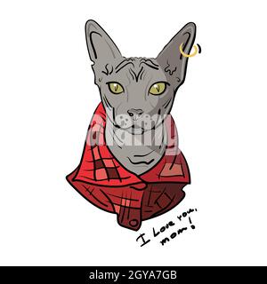 Handgezeichnete Sphynx-Katze in einem rot karierten Hemd und einem goldenen Ohrring mit einem Ring im Ohr. Schriftzug Ich liebe dich Mama. Vektorgrafik. Stock Vektor