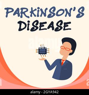 Textunterschrift, die Parkinson S ist Krankheit, Business-Ansatz Nervensystem-Störung, die Bewegung beeinflusst Mann Zeichnung stehend und Halten Compu Stockfoto