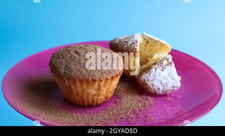 Zwei mit Schokolade und Puderzucker bestreute Quark-Kuchen auf einem rosa Teller auf blauem Hintergrund. Dessert, ein kleiner Cupcake. Weiß gebackene Plätzchen mit einem A Stockfoto