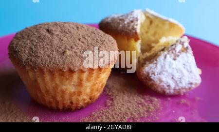 Zwei mit Schokolade und Puderzucker bestreute Quark-Kuchen auf einem rosa Teller auf blauem Hintergrund. Dessert, ein kleiner Cupcake. Weiß gebackene Plätzchen mit einem A Stockfoto