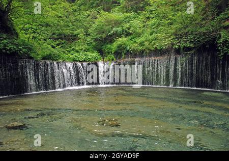 Einzigartiger kreisförmiger Shiraito-Wasserfall im Wald bei Karuizawa, Japan, Stockfoto
