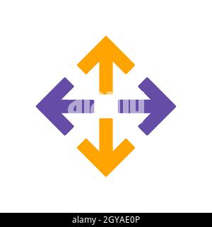 Vier Pfeile, die vom Symbol für die Glyphe des mittleren Vektors aus zeigen. Navigationsschild. Graph-Symbol für Reise- und Tourismus-Website und Apps Design, Logo, App, UI Stockfoto