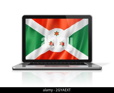 Burundi-Flagge auf Laptop-Bildschirm isoliert auf weiß. Rendering von 3D-Illustrationen. Stockfoto