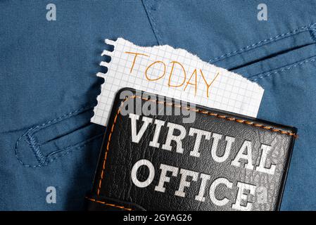 Schild mit Virtual Office, Konzept bedeutet Betriebsbereich eines Unternehmens oder einer Organisation Virtually Thinking New Bright Ideas Renewing Creati Stockfoto