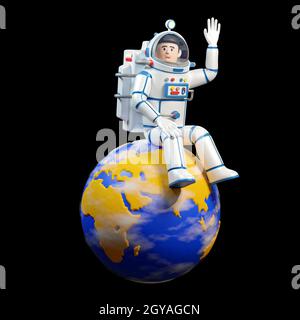 Astronaut im Raumanzüge sitzt auf dem Planeten Erde Stockfoto