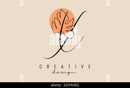 Einfaches und elegantes handgeschriebenes X-Letter-Logo-Design mit Monstera-Blatt, einer Linie Frawing und zwei Kreisen Vektorgrafik. Kreativ und minimalistisch i Stock Vektor