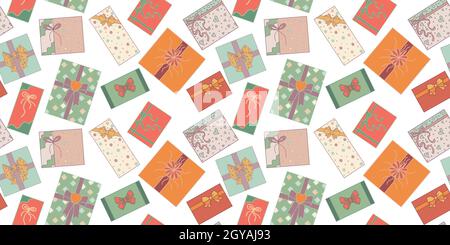 Nahtloses Muster. Niedliche handgezeichnete farbige isolierte Geschenkboxen Draufsicht im Doodle-Stil. Weihnachts-Geschenkbox oder für Geburtstag und Party und Jubiläum Stock Vektor