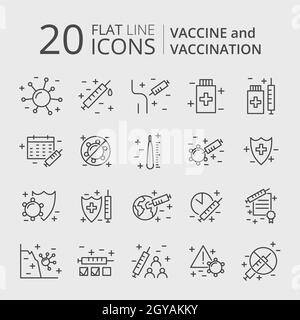Symbole für Impfungs- und Impflinien. Sammlung bearbeitbarer Kontursymbole. Impfstoffe gegen Viren, Impfschutz, Antiimpfstoff, Schutzschild Stockfoto