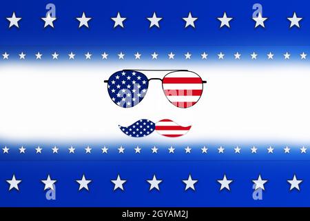 Unabhängigkeitstag, 4. Juli Hintergrund mit Sonnenbrille, blauen Farbstreifen und weißen Sternen Stockfoto
