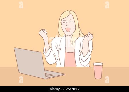 Frau reagiert auf gute Nachrichten Konzept. Geschäftsfrau schreiend vor Aufregung, weibliche Chef erhält angenehme E-Mail, feiert Sieg, Büroangestellte Stockfoto