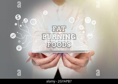 Schild mit Fat Burning Foods, Business Schaufenster produzieren Fettabbau durch die Stimulierung des Stoffwechsels, um Appetit Lady in Uniform Stehen und Holdin zu reduzieren Stockfoto